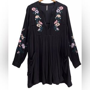 Free People Black Mia Gauze Embroidered Flowers Mini Long Sleeve Dress Size S